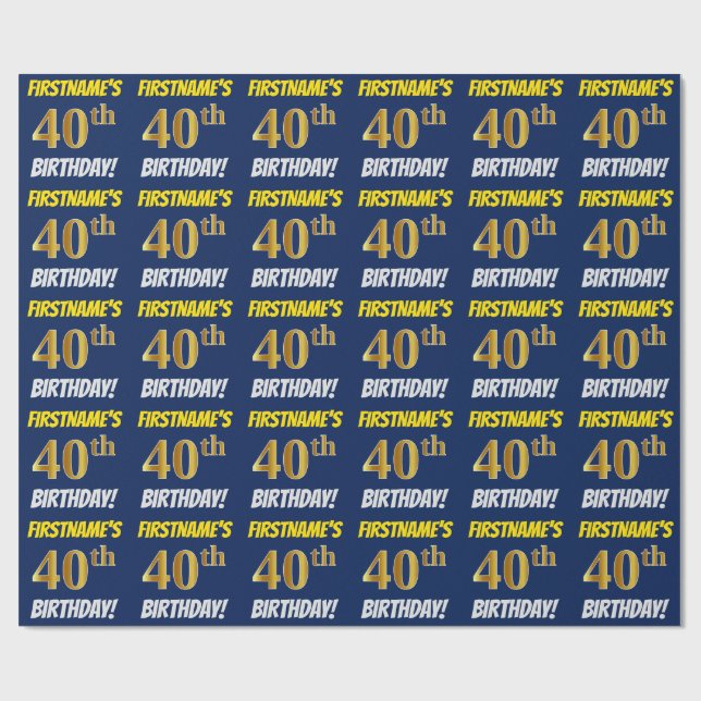 Papel De Regalo Azul, Faux/Imitation Gold, "40th BIRTHDAY" (Superficie plana)