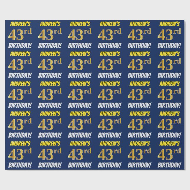 Papel De Regalo Azul, Faux/Imitation Gold, "43rd BIRTHDAY" (Superficie plana)