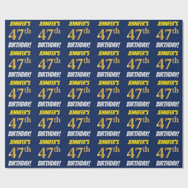 Papel De Regalo Azul, Faux/Imitation Gold, "47th BIRTHDAY" (Superficie plana)