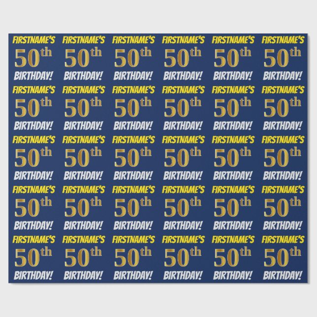 Papel De Regalo Azul, Faux/Imitation Gold, "50th BIRTHDAY" (Superficie plana)