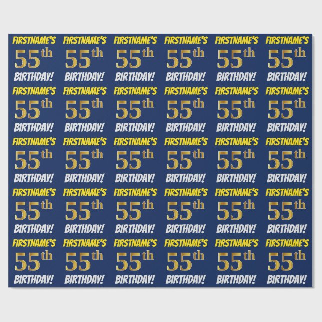 Papel De Regalo Azul, Faux/Imitation Gold, "55th BIRTHDAY" (Superficie plana)