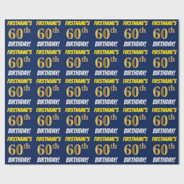 Papel De Regalo Azul, Faux/Imitation Gold, "60th BIRTHDAY" (Superficie plana)