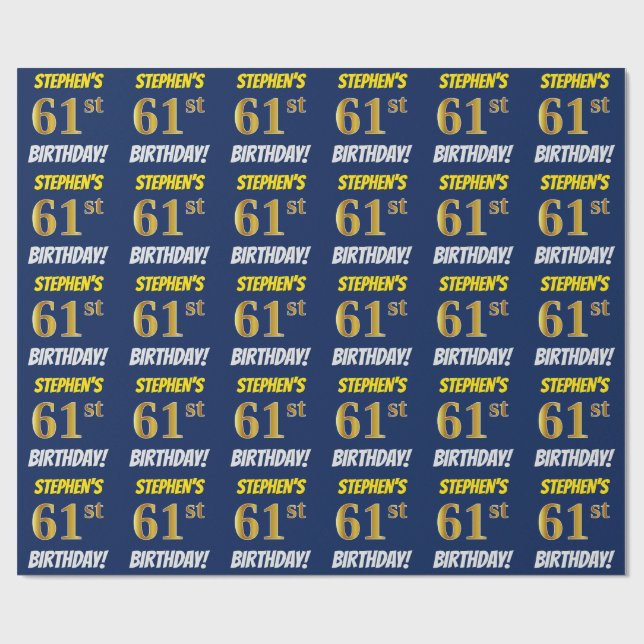 Papel De Regalo Azul, Faux/Imitation Gold, "61st BIRTHDAY" (Superficie plana)