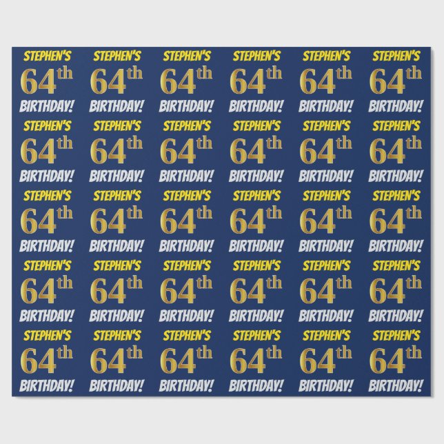 Papel De Regalo Azul, Faux/Imitation Gold, "64th BIRTHDAY" (Superficie plana)