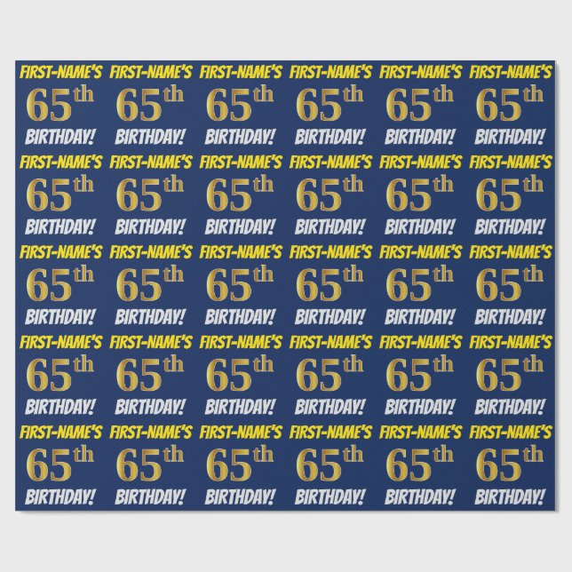 Papel De Regalo Azul, Faux/Imitation Gold, "65th BIRTHDAY" (Superficie plana)