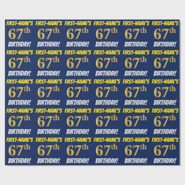 Papel De Regalo Azul, Faux/Imitation Gold, "67th BIRTHDAY" (Superficie plana)