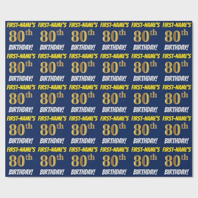Papel De Regalo Azul, Faux/Imitation Gold, "80th BIRTHDAY" (Superficie plana)