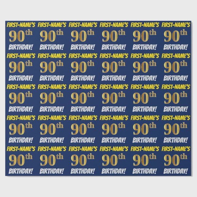 Papel De Regalo Azul, Faux/Imitation Gold, "90th BIRTHDAY" (Superficie plana)