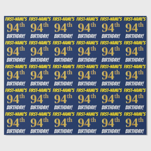 Papel De Regalo Azul, Faux/Imitation Gold, "94th BIRTHDAY" (Superficie plana)