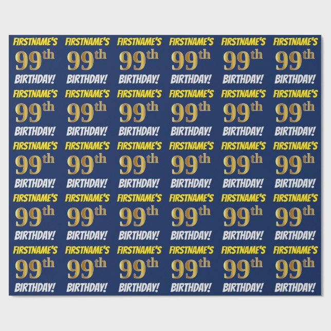 Papel De Regalo Azul, Faux/Imitation Gold, "99th BIRTHDAY" (Superficie plana)