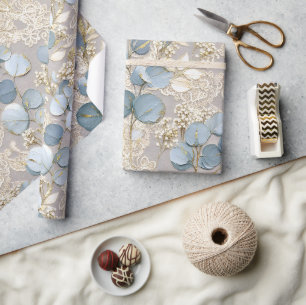 Papel De Regalo Azul Floral Crema Oro Elegante