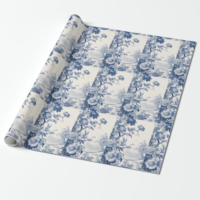 Papel De Regalo Azul floral de Francia (Desenrollado)
