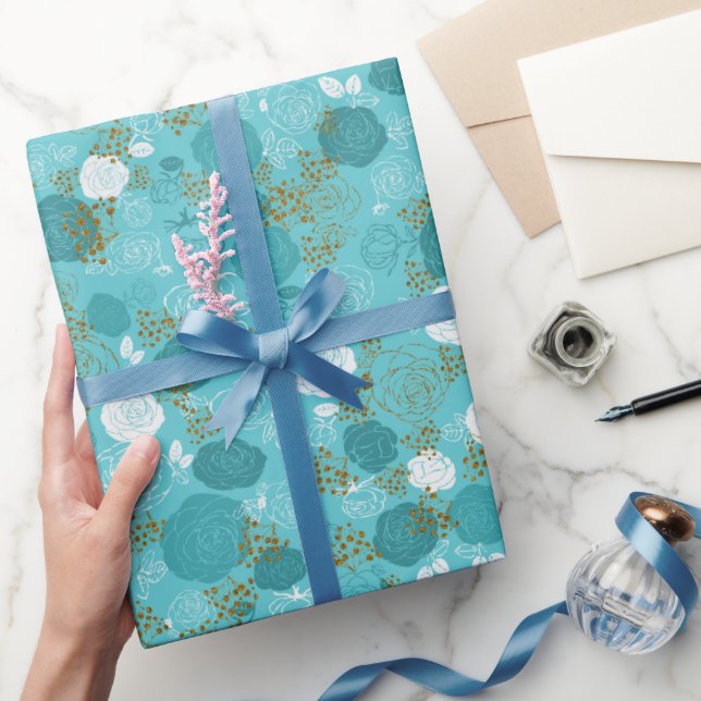 Papel De Regalo Azul | Floral Faux Purpurina moderna y elegante (Regalar)