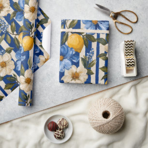 Papel De Regalo Azul Floral Limón Raya Elegante