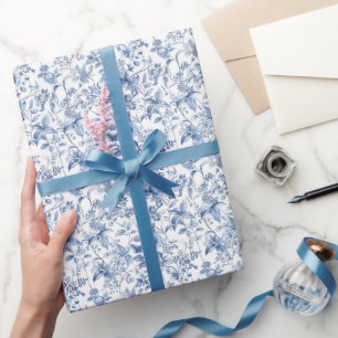 Papel De Regalo Azul Floral Vintage Toile Elegante