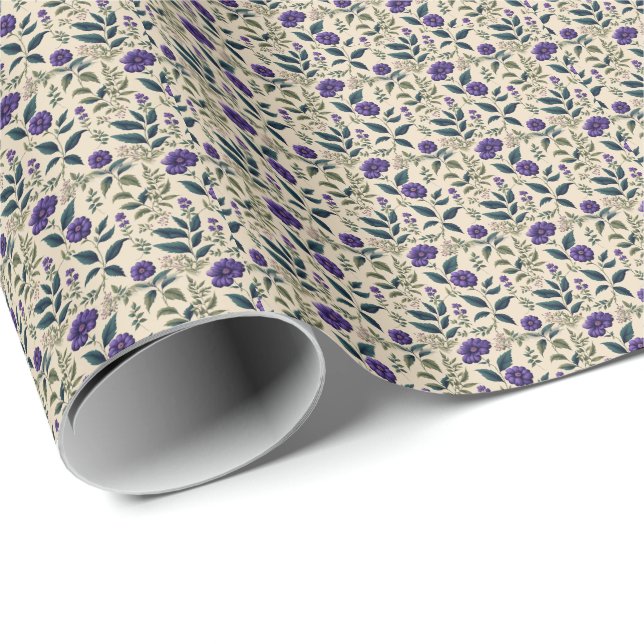 Papel De Regalo Azul Genciana Floral Vintage (Esquina del rollo)