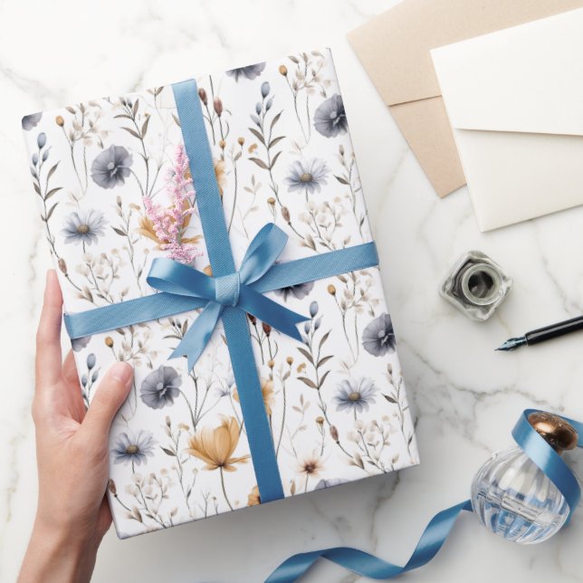 Papel De Regalo Azul Gris Beige Marrón Blanco Boho Flores Cumpleañ (Regalar)