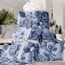 Azul Índigo y Blanco Vintage Floral Toile No. 3