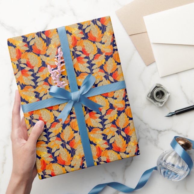 Papel De Regalo Azul | Las hojas de otoño del Purpurina Faux moder (Regalar)