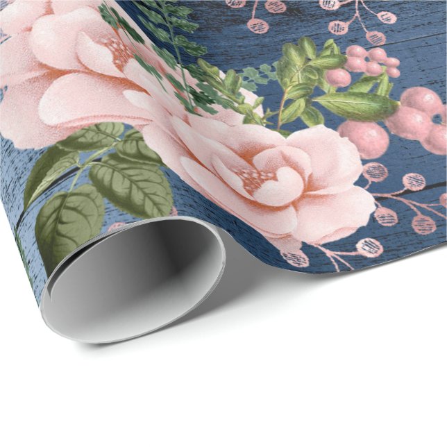 Papel De Regalo Azul marina rosa rosa Roses de madera Rústico flor (Esquina del rollo)