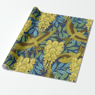 Papel De Regalo Azul Marino Antiguo Pájaro y Patrón Floral Amarill