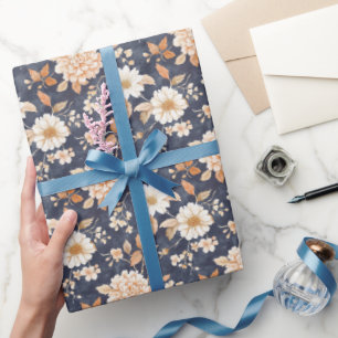 Papel De Regalo Azul Marino Crema Floral Melocotón