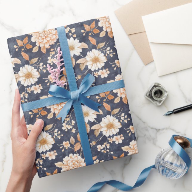 Papel De Regalo Azul Marino Crema Floral Melocotón (Regalar)