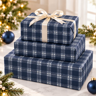 Papel De Regalo Azul Marino Cuadros Tartán Navidad