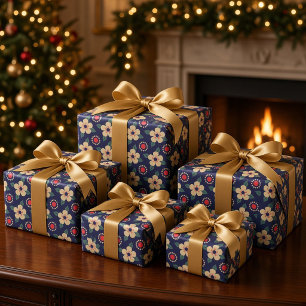 Papel de regalo azul marino elegante con flores de