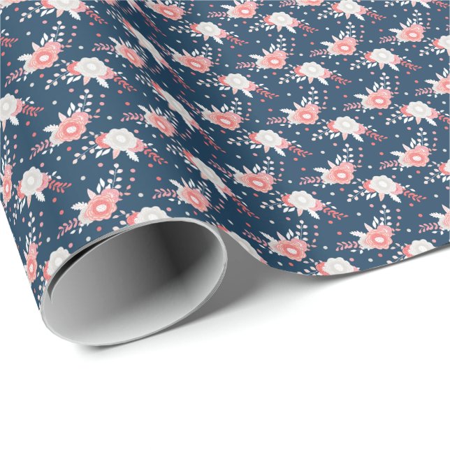 Papel De Regalo Azul marino floral blanco rosado (Esquina del rollo)