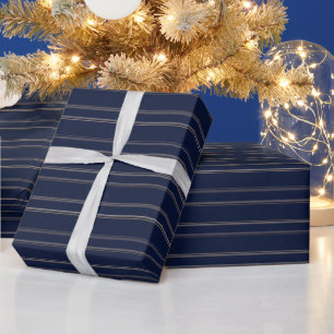 Papel De Regalo Azul Marino Marfil Dorado Pinstripes