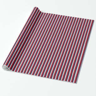 Papel De Regalo Azul marino náutico, rojo, raya vertical plateada
