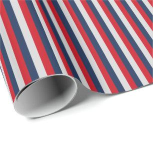 Papel De Regalo Azul marino náutico, rojo, raya vertical plateada