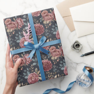 Papel De Regalo Azul Marino Rojo Burgundy Floral Cumpleaños