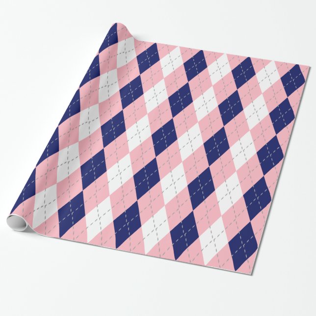 Papel De Regalo Azul marino Rosa Rosa Gris Wht XL Argyle (Desenrollado)