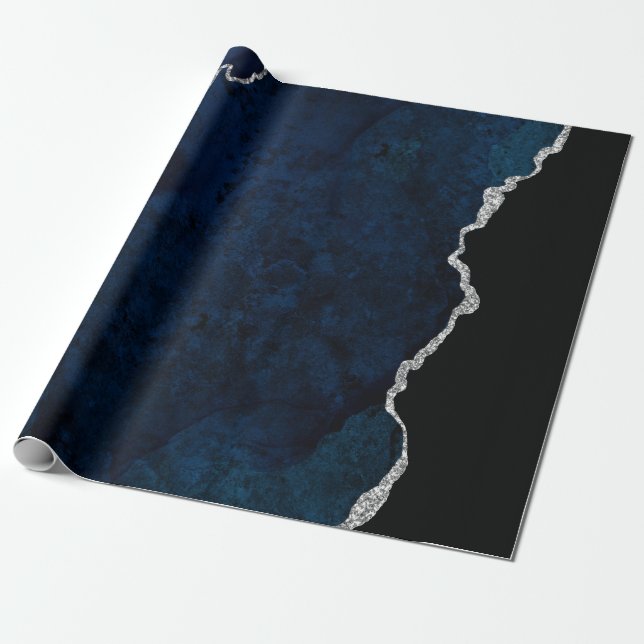 Papel De Regalo Azul marino y ágata plateada (Desenrollado)