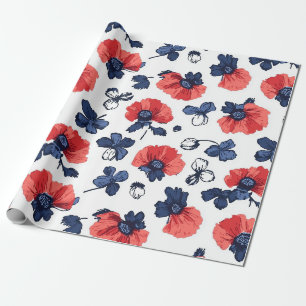 Papel De Regalo Azul Marino y Amapola Coral Floral Vintage