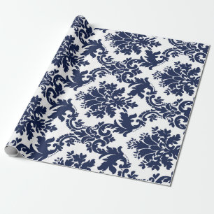 Papel De Regalo Azul marino y damasco floral vintage blanco