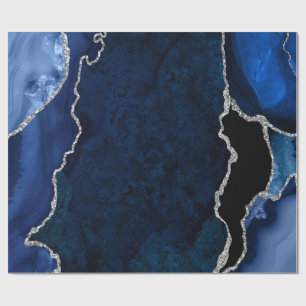 Papel De Regalo Azul Marino y Falso Brillo de Ágata Plateada