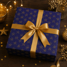 Papel de regalo azul medianoche y estrellas dorada