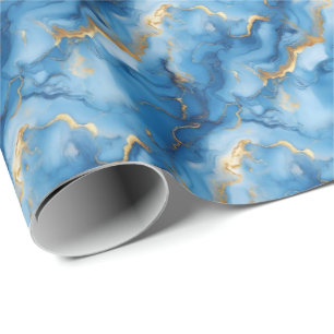 Papel De Regalo Azul Medio y Mármol Dorado