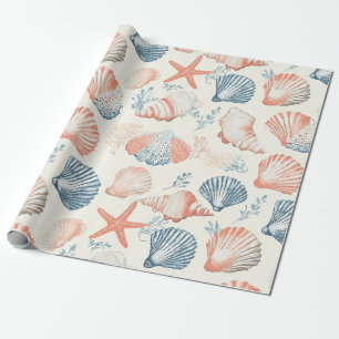 Papel De Regalo Azul Melocotón Marfil Conchas Marinas Costeras Tra