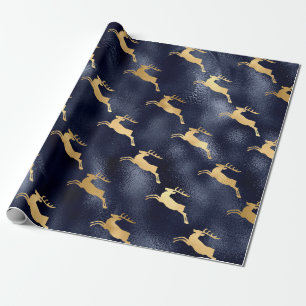 Papel De Regalo Azul metálico y reno dorado