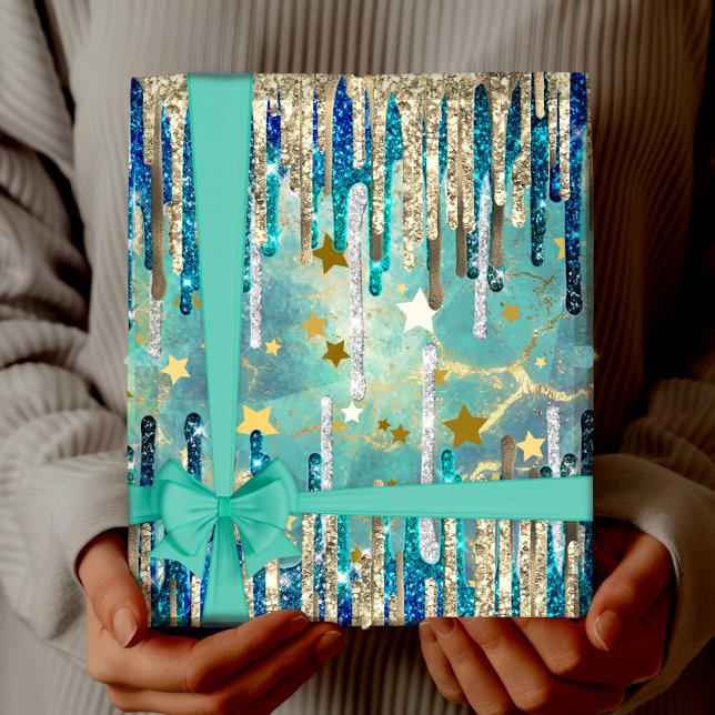 Papel De Regalo azul moda, turquesa y dorado (Subido por el creador)