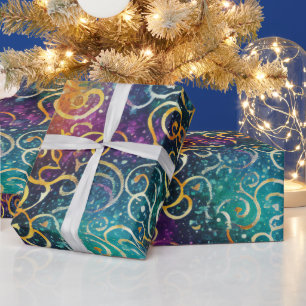 Papel De Regalo Azul morado y dorado espumoso Purpurinoso