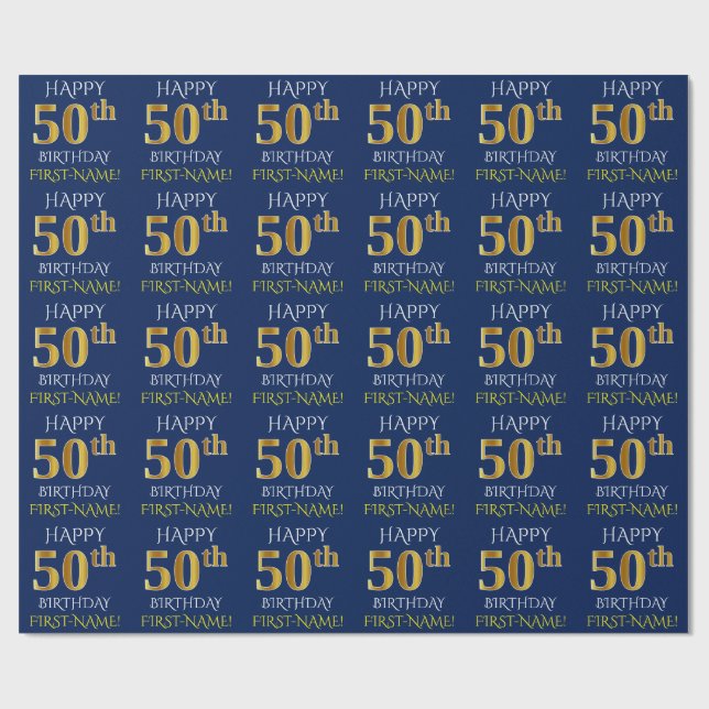 Papel De Regalo Azul, oro falso "FELIZ 50 cumpleaños" (Superficie plana)