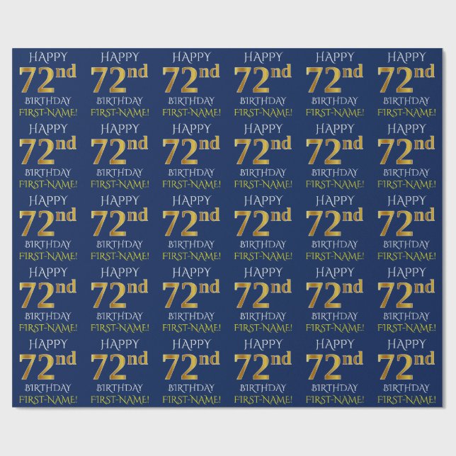 Papel De Regalo Azul, oro falso "FELIZ 72 cumpleaños" (Superficie plana)