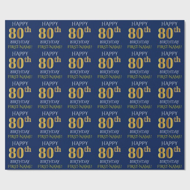 Papel De Regalo Azul, oro falso "FELIZ 80 cumpleaños" (Superficie plana)