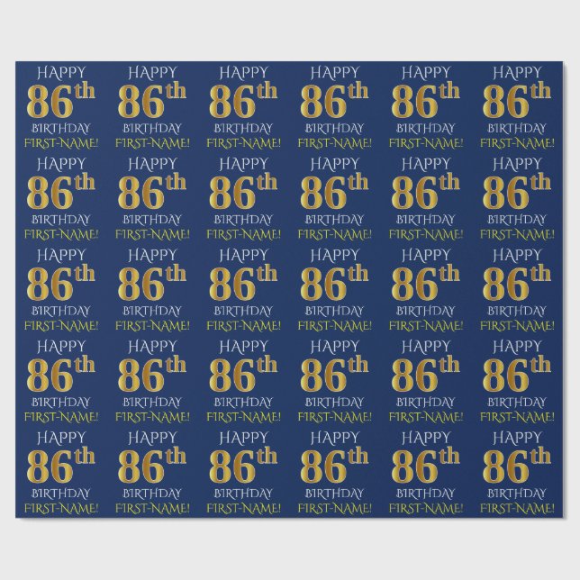 Papel De Regalo Azul, oro falso "FELIZ 86º CUMPLEAÑOS" (Superficie plana)