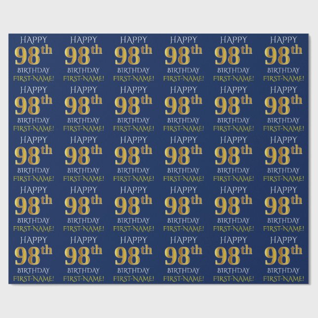 Papel De Regalo Azul, oro falso "FELIZ 98 cumpleaños" (Superficie plana)